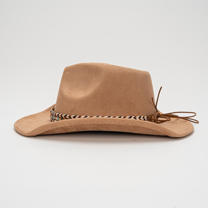 Suede Velvet Roll Edge <span class=keywords><strong>Jazz</strong></span> Hat Western Cowboy Hat Hombres Mujeres Étnico Fedora Hat con banda Vintage al aire libre - Product Image 3