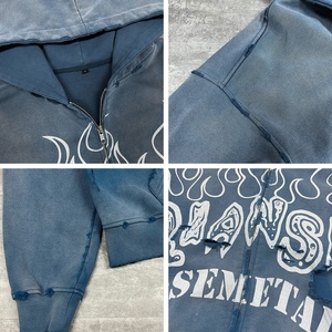 Vente en gros : Sweat à capuche zippé en molleton bouclette, coton épais, coupe ample, effet vieilli, délavé à l'acide, avec motif graphique de créateur, pour homme et unisexe - Product Image 3