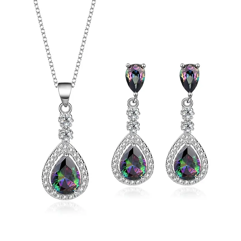 Wholesale sterling silver 925 jewelry water-drop shape colorful 5A zircon two-piece necklace and pendant earrings sets