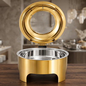 Plat à réchaud doré en acier inoxydable, ensemble de 4 pièces, chauffe-plats, support de buffet, pour traiteur, mariage, hôtel, banquet, 8L, lavage à la main uniquement, fabriqué en Inde - Product Image 2