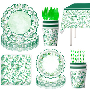 Ensemble de fournitures de fête à thème feuilles d'eucalyptus, 80-100 pièces, vaisselle en plastique, décorations d'anniversaire, thème vert sauge - Product Image 3