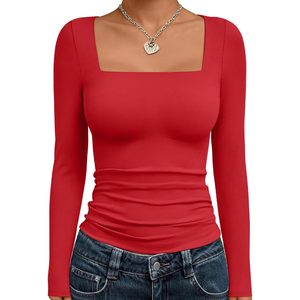 Haut court à manches longues pour femme, col carré, doux, extensible, idéal pour l'entraînement, en coton et élasthanne tricoté - Product Image 1
