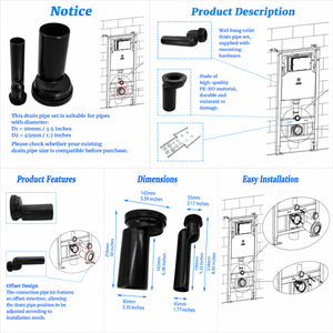 Kit de Conexión Universal para Inodoro Suspendido, Tubería de Drenaje de 90 mm, Tubería de Descarga de 45 mm para Sistemas de Cisterna Empotrada - Product Image 2