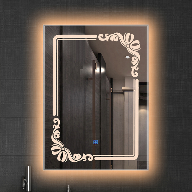 Customized Modern Wholesale Pattern Sandblasted Wall-mounted Smart Touch Three-standard LED Bathroom Mirror with Golden Frame