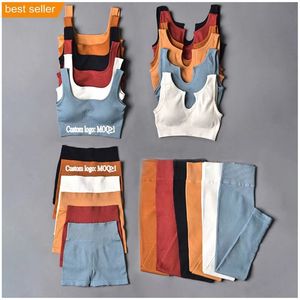 Leggings côtelés de Yoga pour femmes, tenue de sport, 2 pièces, short d'entraînement, de Fitness, taille haute, sans couture - Product Image 1