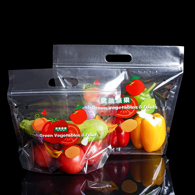 بسعر المصنع كيس تعبئة شفاف من بلاستيك OPP PE مضاد للضباب بسحاب مخصص للخضروات والفواكه الطازجة مع فتحة