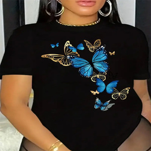 Camisetas negras con diseño de mariposa para mujer, camisetas informales de manga corta para exteriores - Product Image 1