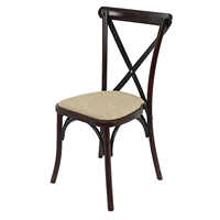 Chaises de mariage empilables en bois d'acajou foncé à dossier croisé avec assise rembourrée en lin pour événements et repas de style rustique
