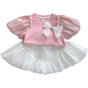 Conjunto de Dos Piezas de Verano para Niñas, Dulce y Sólido, Falda de Gasa con Blusa y Pantalones, Adorno de Perlas y Mangas Cortas - Product Image 5