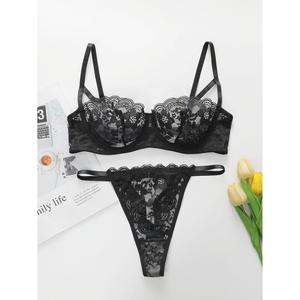 Ensemble soutien-gorge et culotte en dentelle noire Chire Hane pour femme, bonnet complet, armatures, bretelles convertibles, motif floral - Product Image 3