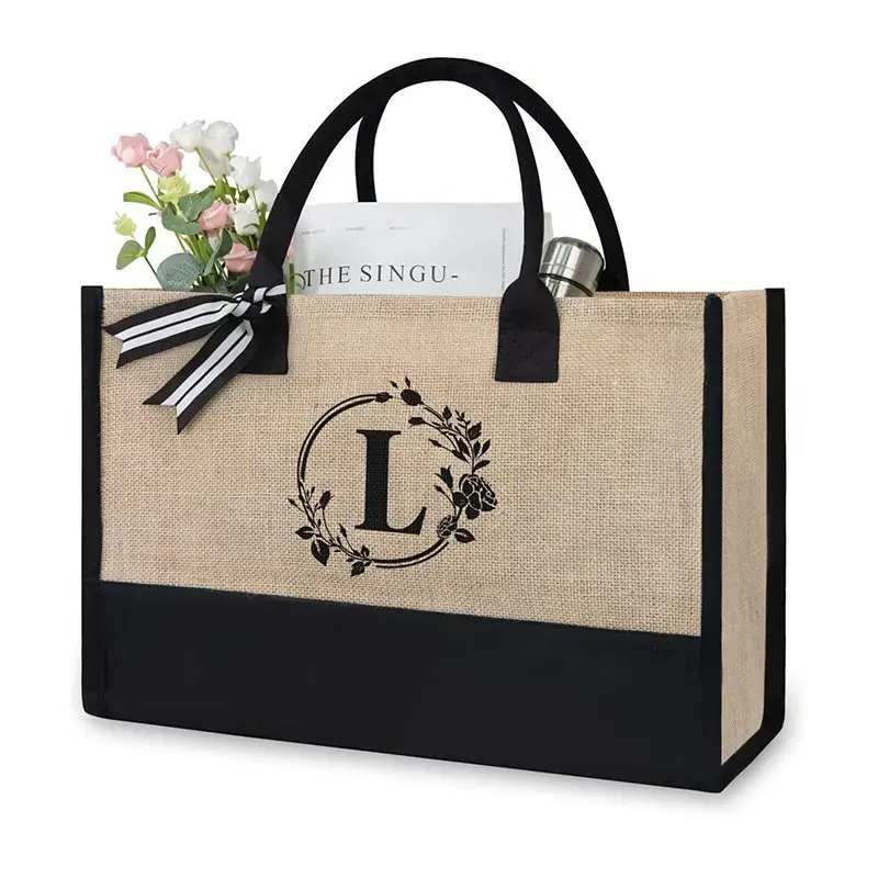 Wholesale Latest Design Fashion Bag Natural Jute Reusable Jute Burlap Linen Tote Bag Shopping