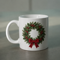 Cangkir Kopi Keramik Natal yang Meriah, Mug Porselen yang Dapat Dikustomisasi dengan Gambar Karangan Bunga Natal, Sempurna untuk Natal