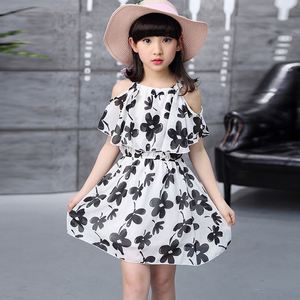 Vêtements pour enfants, style coréen, robe pour filles, robes de fête pour filles de couleur blanche avec motif de fleurs noires imprimées - Product Image 1