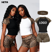 Ensemble court 2 pièces pour femme HETA avec imprimé léopard, manches raglan, logo personnalisé en coton extensible doux de qualité supérieure pour un confort estival