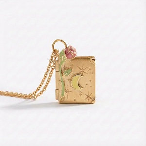 Collana con Ciondolo a Forma di Luna e Stella Tridimensionale in Oro e Argento, Fiore Rosa, Apribile, Stile Vintage - Product Image 6