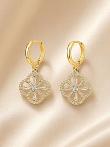 Orecchini Pendenti a Fiore Placcati Oro 14K con Zirconi, Gioielli da Festa per Donne, Orecchini alla Moda in Lega - Product Image 3