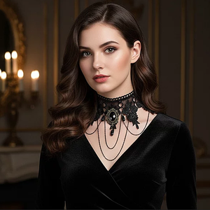 قلادة دانتيل سوداء قوطية عتيقة من PESENAR: إطار مزخرف مع حجر أسود كبير، سلسلة متعددة الطبقات مع شراشيب وخرز متدلي - Product Image 2