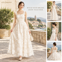 Robe longue en dentelle florale ivoire pour femme, col carré, sans manches, coupe trapèze, pour soirée ou mariage, fournisseur OEM personnalisé