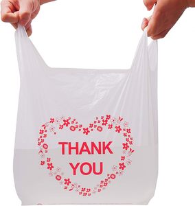 ถุงเสื้อยืดย่อยสลายได้ทางชีวภาพแบบมีหูหิ้วสำหรับใส่เสื้อผ้า ของชำ วัสดุ PE สีขาว ขนาดมาตรฐานซูเปอร์มาร์เก็ต ขอบข้างเสริมความแข็งแรง ขอบขอบกระเป๋าเสริมความแข็งแรง - Product Image 5