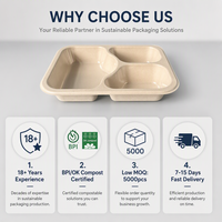 Barquette à repas prêts-à-manger à 3 compartiments en bagasse de canne à sucre avec revêtement PLA, faible coût de moulage personnalisé, conteneur alimentaire congelé compostable sans PFAS