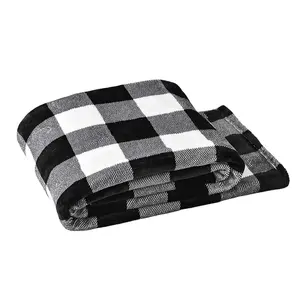 Panic Buying Modern Custom Screen Printed Flannel Fleece Black White Plaid Knitted Blanket