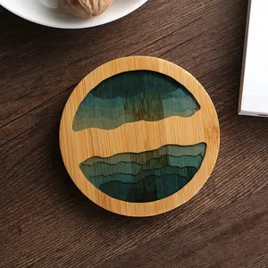 Taza de madera de bambú con patrones de montañas y ríos, estera ecológica para taza de resina epoxi, posavasos de té artesanal, superventas