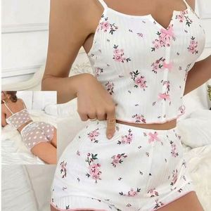 I-0540 Women's Summer Casual Chiffon Polyester Fashion Knee Length <b>Pajamas</b> <b>Set</b> Front Logo Elastic Waist Soft Breathable - Product Image 4