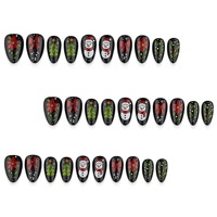 Faux ongles rétro de Noël à pression avec motifs bonhomme de neige, nœud, sapin de Noël et fleurs rouges - Matériau ABS, forme amande - Vente en gros