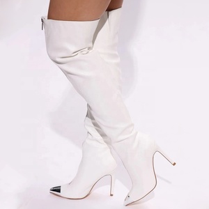 Bottes longues pour femmes à bout pointu avec fermeture éclair argentée sur le devant, bottes moulantes à hauteur de cuisse, bottines sexy à talons aiguilles pour la scène - Product Image 2