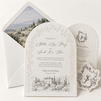Carte d'invitation de mariage personnalisée en papier coton gaufré à l'aveugle, format arche, impression typographique avec doublure d'enveloppe et étiquette monogramme, vente en gros