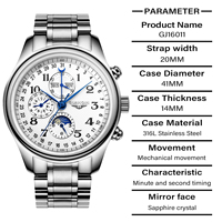 Montre mécanique de luxe Guanqin GJ16511 pour homme, phase de lune, style hip-hop, bracelet en acier inoxydable et cuir 20 mm, aiguilles, verre saphir