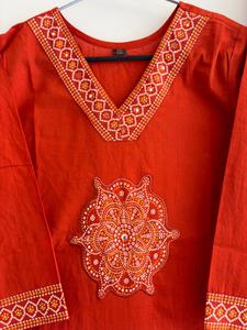 Conjunto de Salwar Kameez de Algodón Rojo para Mujer con Bordado, Ropa Casual Tradicional India y Pakistaní, Corte Holgado hasta el Tobillo - Product Image 5