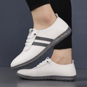 Koweigezi Men's Round Toe Boat Shoes <b>Lace</b>-up Breathable Rubber Outsole Summer Casual <b>White</b> Leather Style - Product Image 3