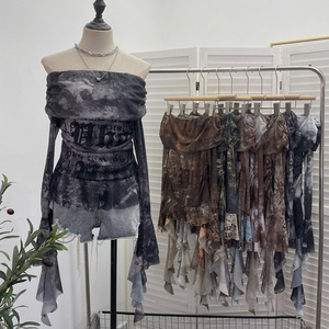 Women's Off-Shoulder Ribbon-<b>Tie</b> <b>Tie</b>-Dye Print Mesh Blouse With Pleated Long-Sleeve T-Shirt Shirt Fashion - Product Image 5