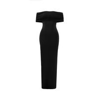 Robe longue moulante noire à col licou et épaules froncées, sans manches, extensible, pour femme, style décontracté d'été, longueur ras du sol, coupe socialite, avec décolleté au niveau de la taille