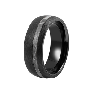 Meteorite-banda de boda biselada de circonio negro con anillo de meteorito de hierro - Product Image 6