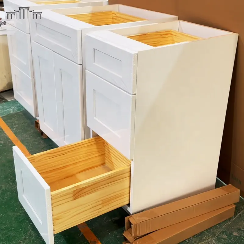 Pasokan langsung pabrik kotak laci sambungan Dovetail kayu padat pengocok putih Modern lemari dasar dapur Modular dengan 3 laci