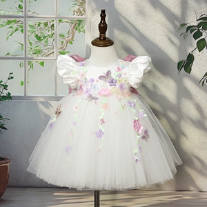 Abiti da <span class=keywords><strong>bambina</strong></span> con perline e farfalle, maniche corte a sbuffo, applicazioni in tulle, per compleanni, concorsi di bellezza, matrimoni, con ali - Product Image 1