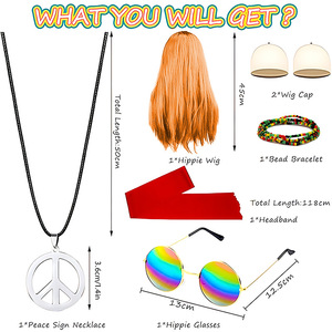 Ensemble de <span class=keywords><strong>perruque</strong></span> hippie des années <span class=keywords><strong>70</strong></span>, <span class=keywords><strong>perruque</strong></span>, collier signe de la paix, lunettes de soleil, bracelet, filet à cheveux, bandeau tie-dye, métal semi-fait main - Product Image 2