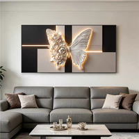 Décoration murale papillon noir et beige de luxe, tableau horizontal effet lumière et ombre, décoration intérieure, peinture murale en porcelaine cristalline