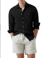 Chemises boutonnées à manches longues en coton et lin uni pour hommes avec impression numérique sur la poche avant pour la détente