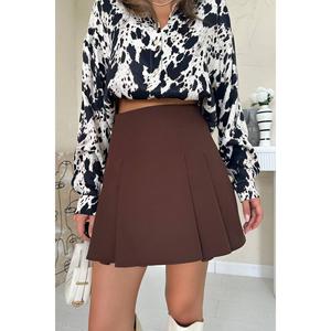 Falda Corta Plisada de Satén Marrón de Cintura Alta para Mujer, Brillante, 100% Poliéster - Product Image 1