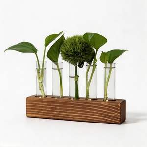 Support de table en bois massif pour tubes à essai, décoration de table, support pour plantes et fleurs avec tubes en verre transparent, pot hydroponique pour verdure et fleurs - Product Image 5