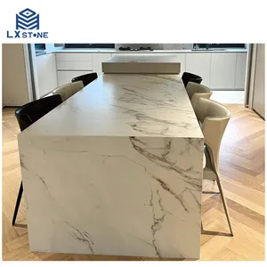 Cut-to-Size meja Quartz buatan dapur batu Carrara Calacatta putih meja Quartz dengan pembuluh abu-abu