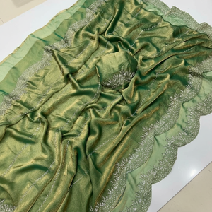 Diseñador de moda gasa pura Verde Negro sari con blusa elegante pesada más vendida fiesta boda Festival desgaste para mujeres - Product Image 1