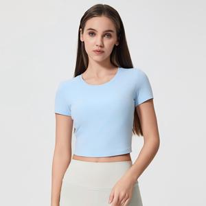 Camiseta de yoga corta para mujer con cordón en la espalda, fruncido, manga corta, abertura tipo llave, de secado rápido, transpirable, para entrenamiento, venta al por mayor - Product Image 2