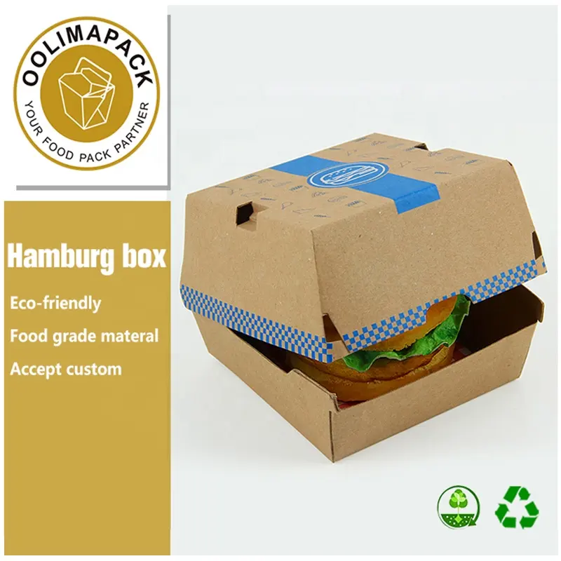 Wegwerp Custom Size Voedsel Verpakking Hamburger Kartonnen Doos Kraft F-Fluit Gegolfd Super Dik Papier 300gsm Papier Burger Box