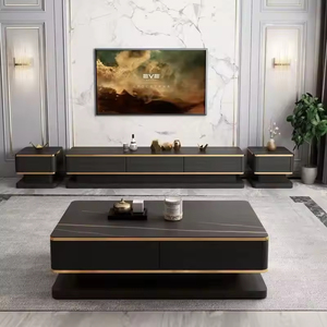 Table basse et meuble <span class=keywords><strong>TV</strong></span> modernes en dalles de roche noires et dorées, avec structure en acier réglable, durables et écologiques, pour salon - Product Image 1