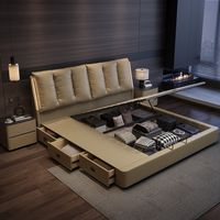 Lit rembourré en cuir véritable, style minimaliste moderne, avec cadre en bois et sommier réglable, mobilier de chambre à coucher