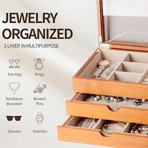 Wooden Jewelry Box With Lid And Compartments Multi Layer <b>Storage</b> For <b>Rings</b> Bracelets Watches Desktop Organizer Rectangle Shape - Product Image 2